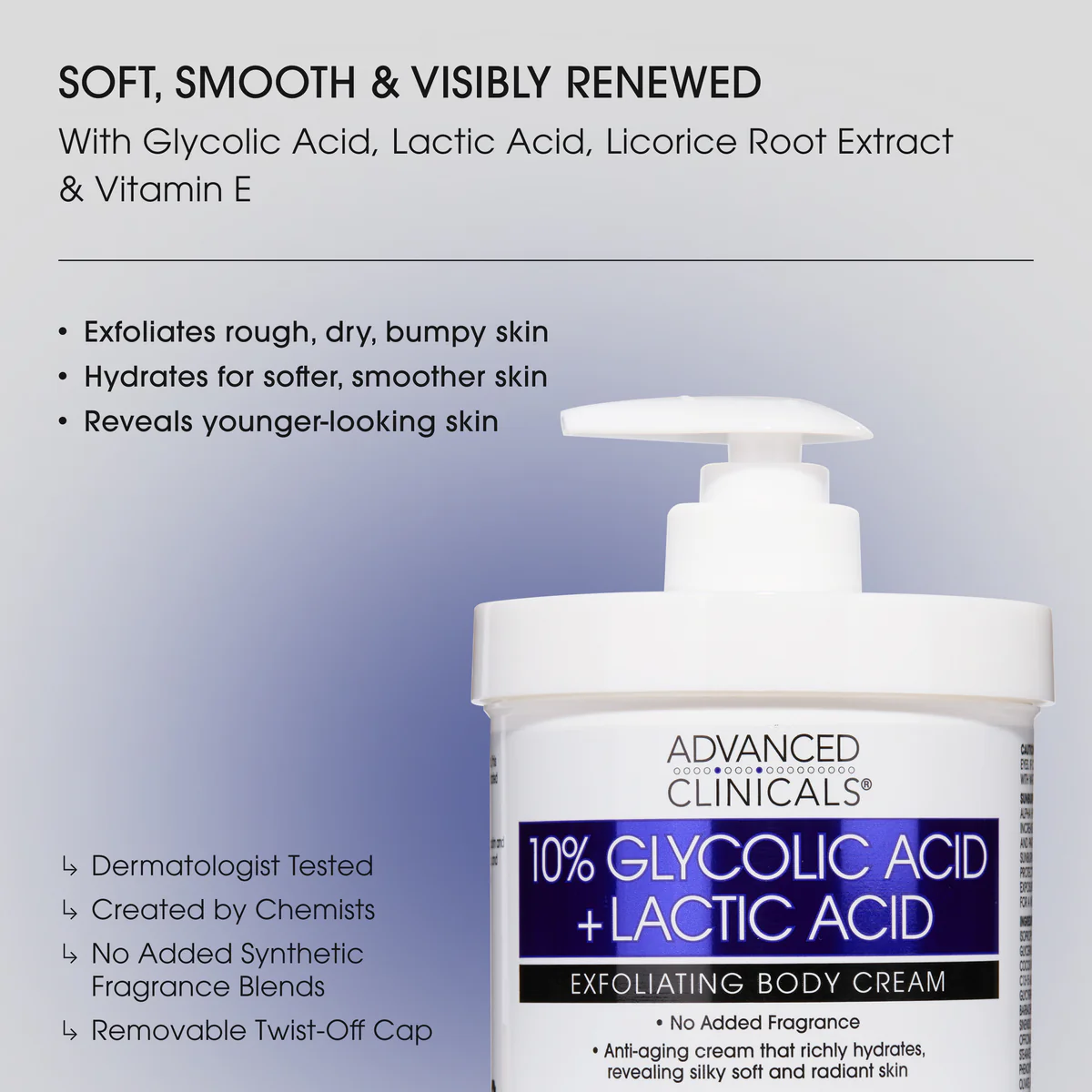 Advanced Clinicals 10% Glycolic Acid + Lactic Acid Exfoliating Body Cream - Image 2